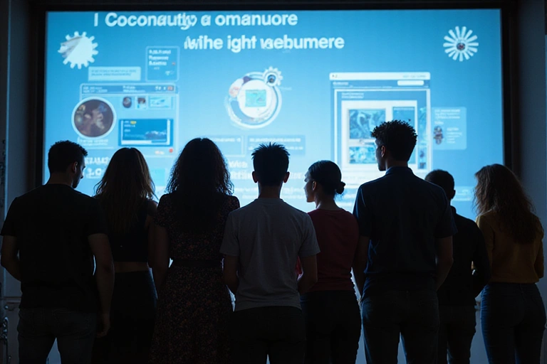 Diverse group of people looking at a screen, representing community and shared information