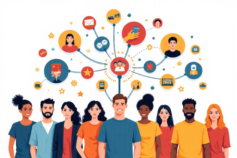 Illustration of various support resources like job search, financial aid, and community help icons