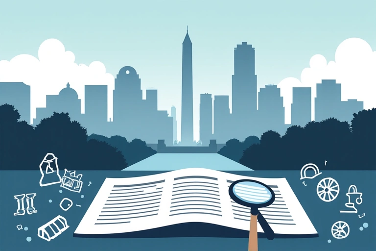 Illustration showing the District of Columbia skyline with legal documents and a magnifying glass, symbolizing specific regulations